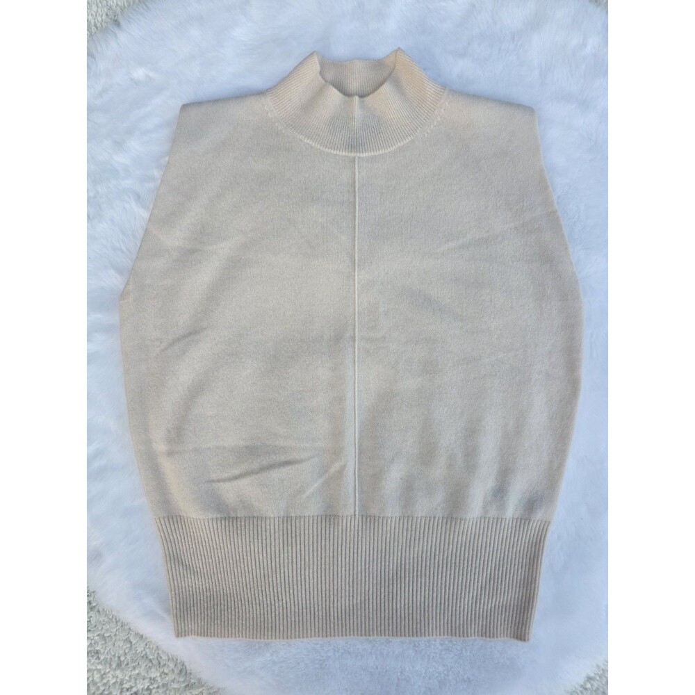 BR 100% Cashmere Ivory Solid Knit Mock Neck Sleeveless Sweater Vest S Padded